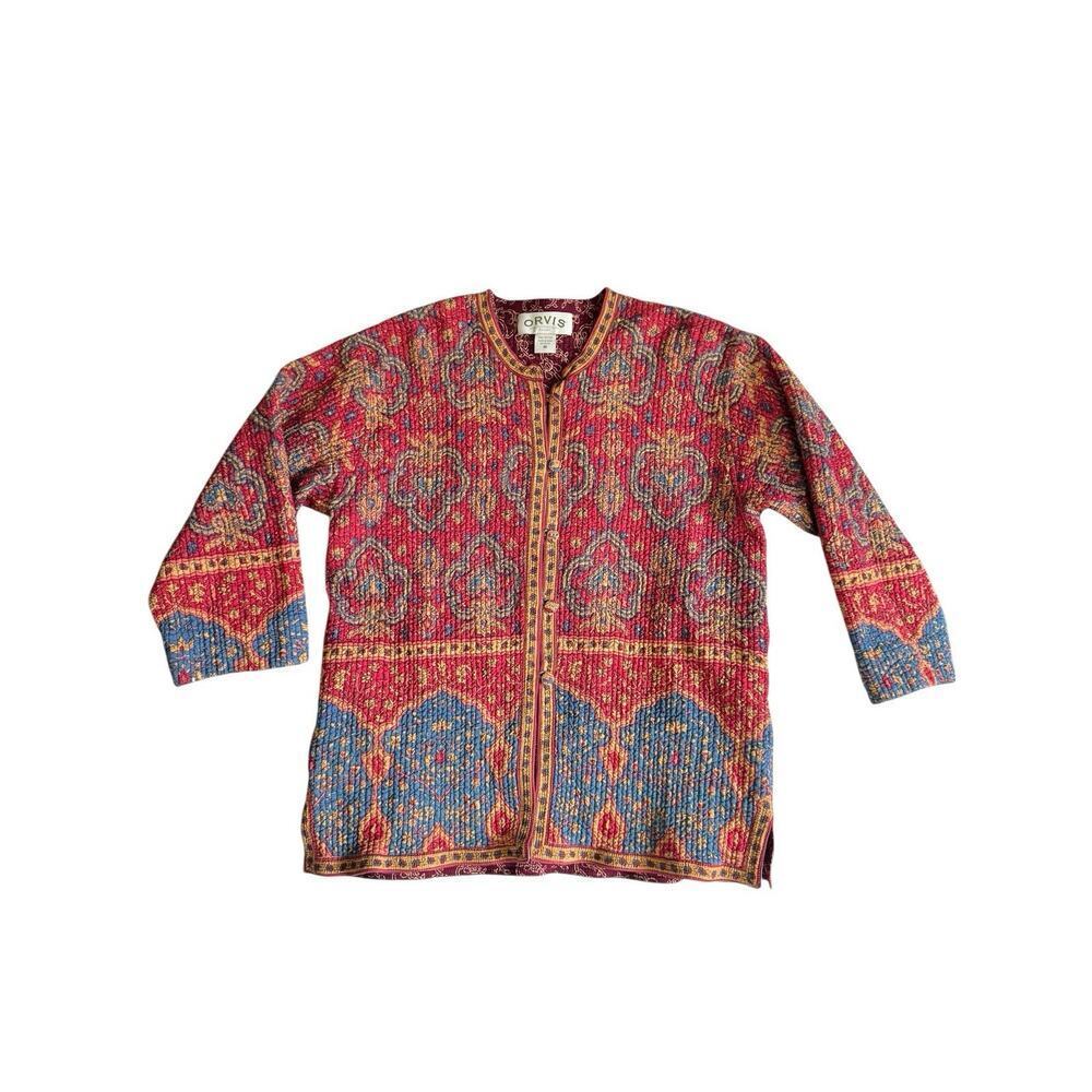 ORVIS 100% Cotton Women Reversible Red Jacket Quilted Boho Paisley Button Sz‎ M
